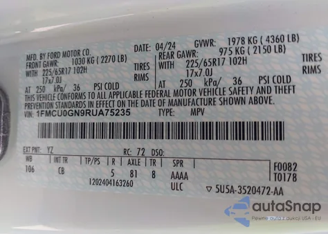 2024 Ford Escape Active z USA, uszkodzony, nr VIN 1FMCU0GN9RUA75235